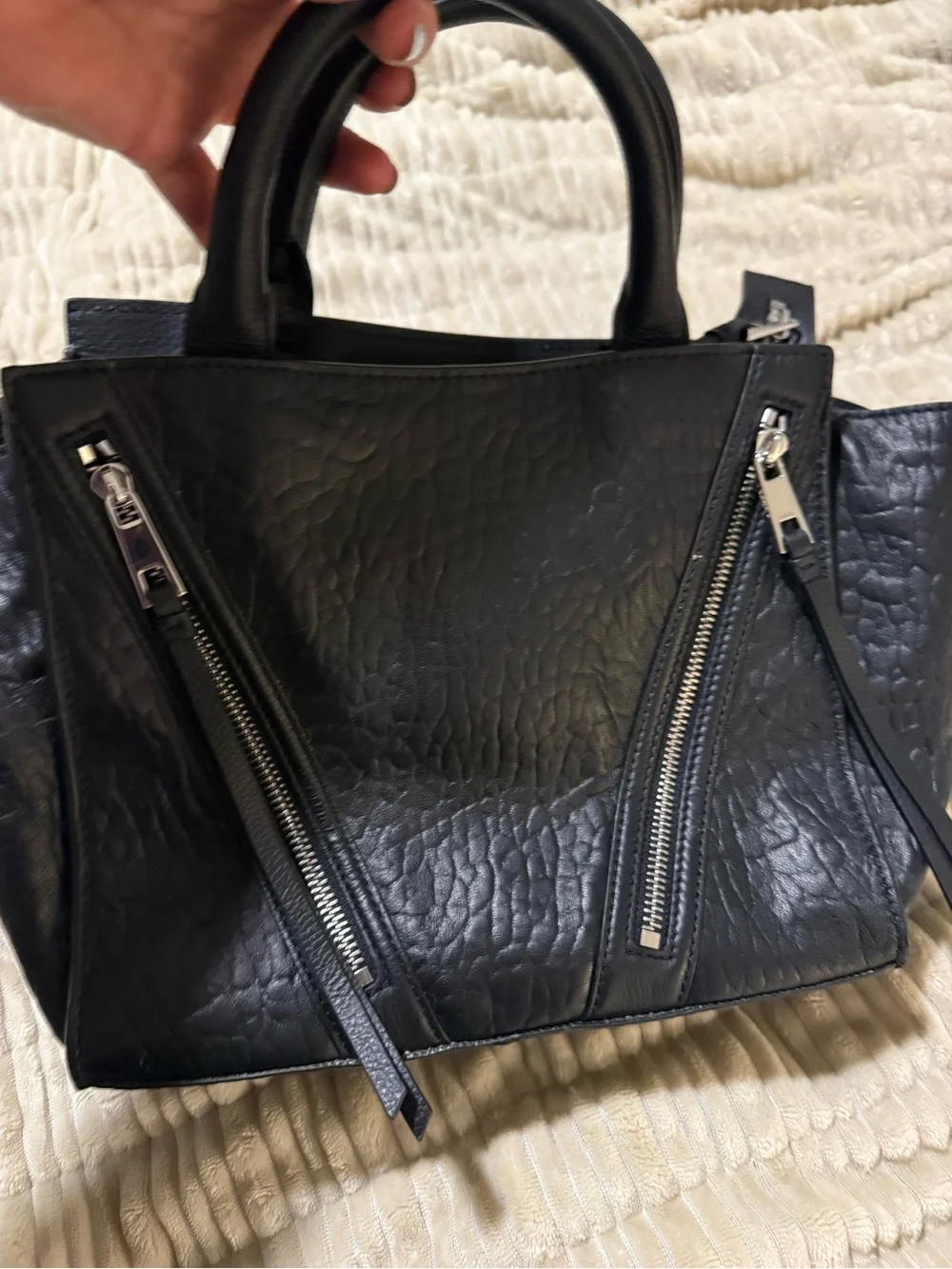 Black Textured Leather Tote Bag with Zip Accents